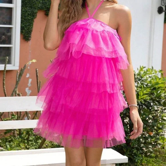 Pink Boho Womens Tie Backless Layer Hem Mesh Halter Dress - Picture 4 of 5